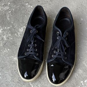 Lanvin DBB1 navy blue suede with black patent leather toe cap